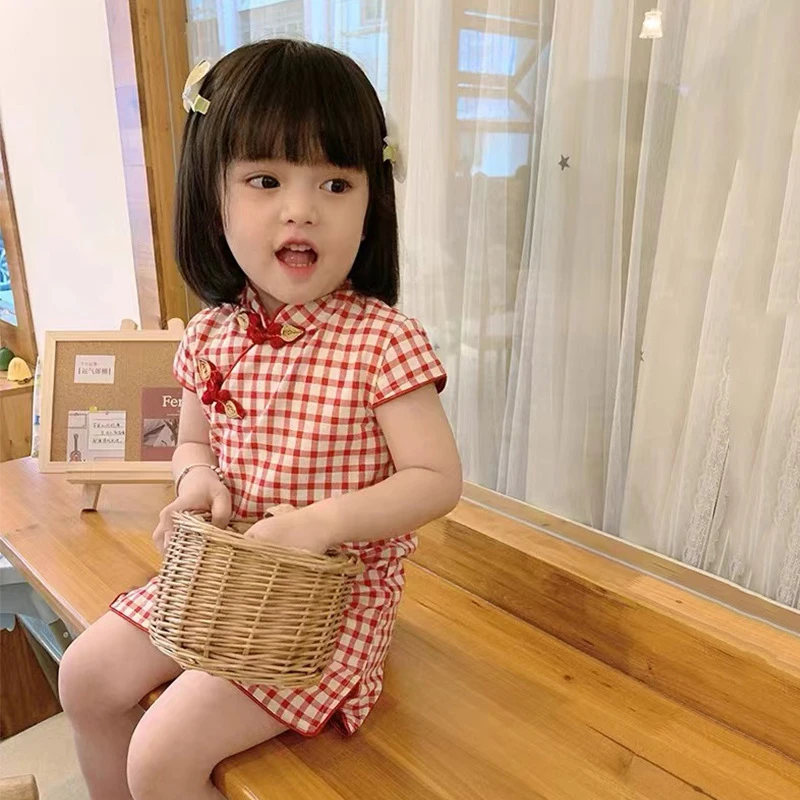 宝宝旗袍夏季女童格子裙子儿童中国风旗袍连衣裙夏装新品洋气汉服