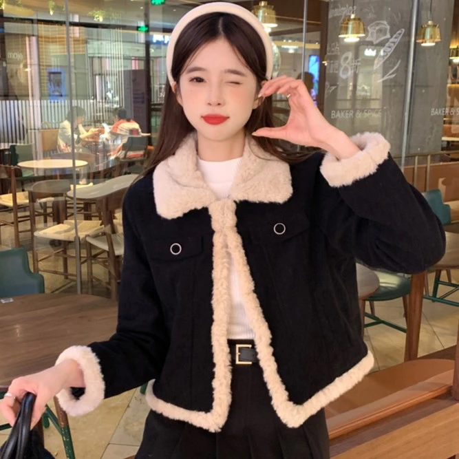 小个子2023秋冬新款高级感灯芯绒短外套女气质显瘦毛绒保暖外套