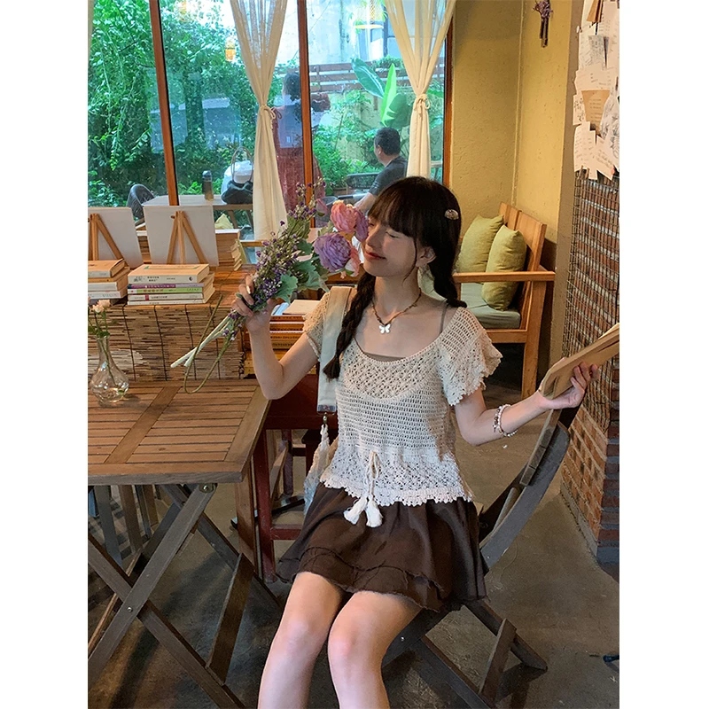 大sim小sim杏色无袖吊带春夏女宽松夏季设计感慵懒风气质两件套