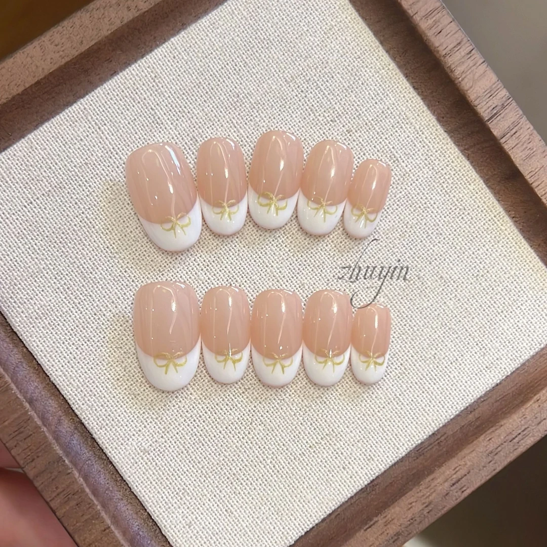 【小香】祝音定制手工穿戴甲椭圆法式手绘蝴蝶结穿戴式美甲指甲贴