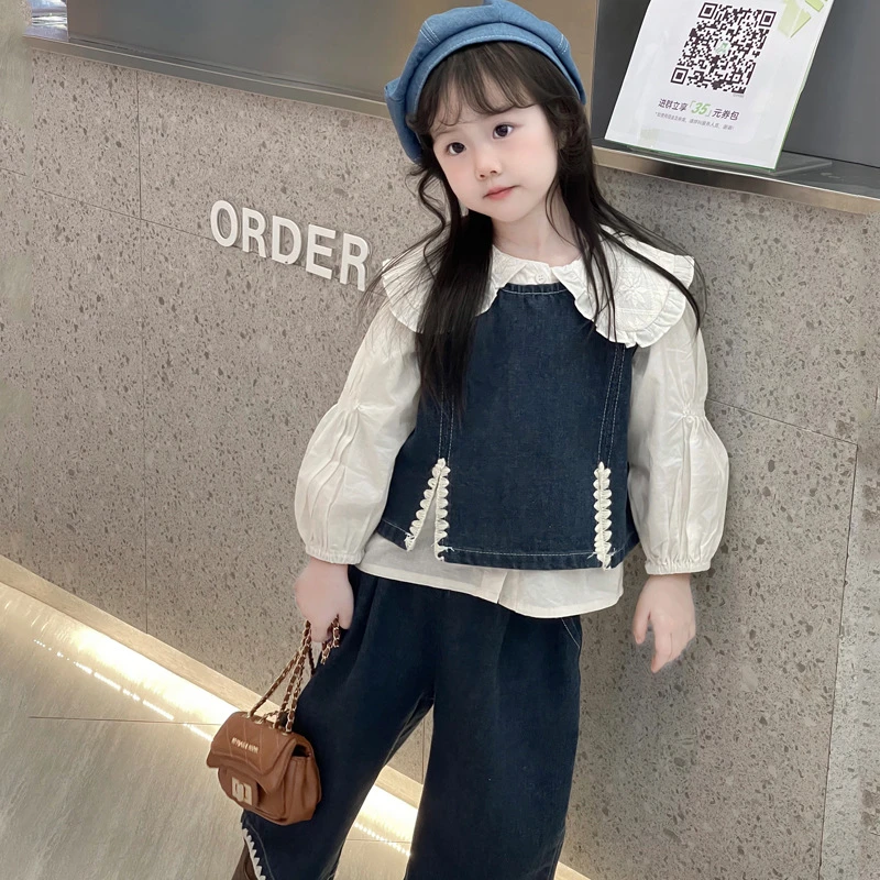 女童秋季荷叶边衬衫套装女宝韩版洋气时髦牛仔背带裙两件套L55135