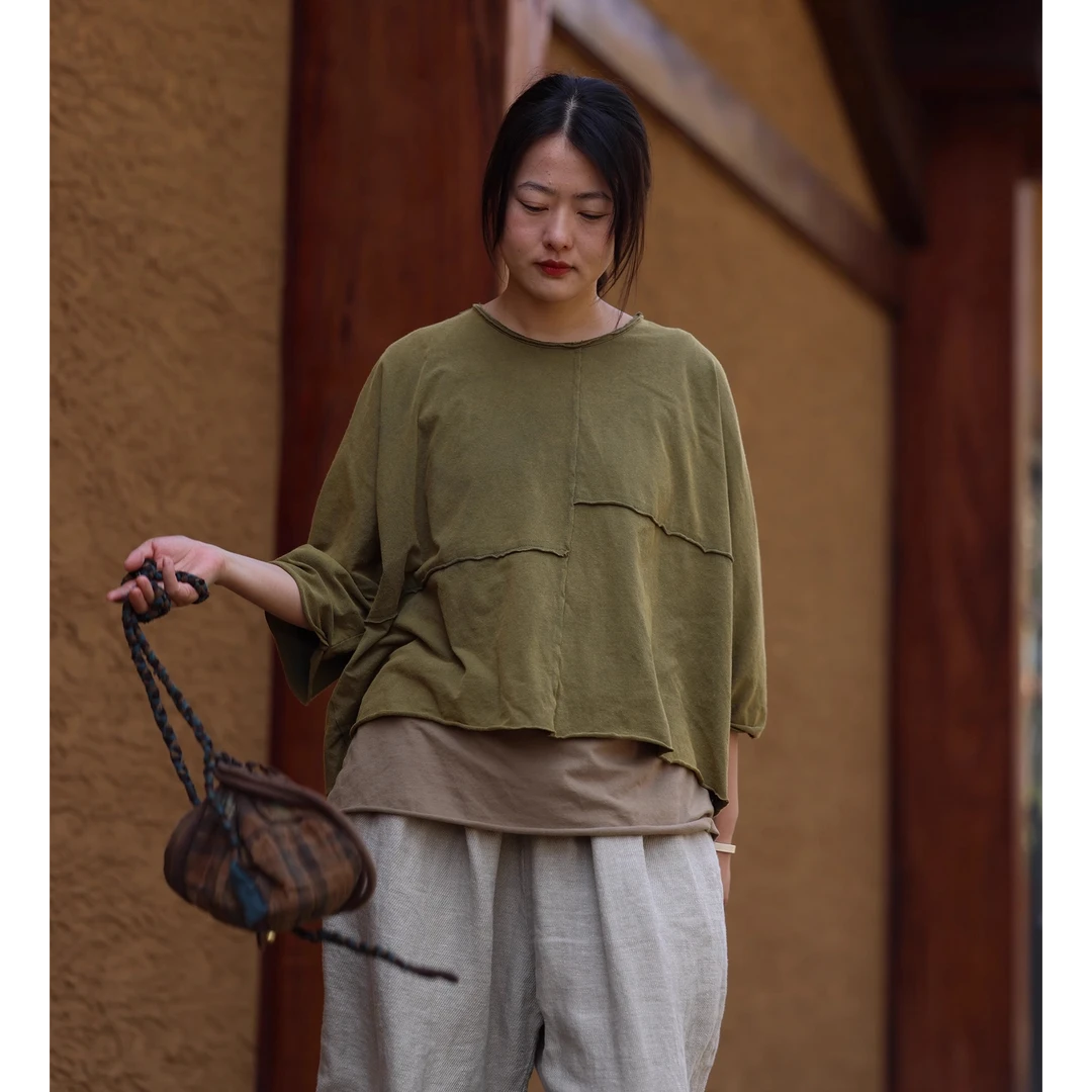 衣路走来短款做旧柔软中袖叠穿圆领T恤 T3301