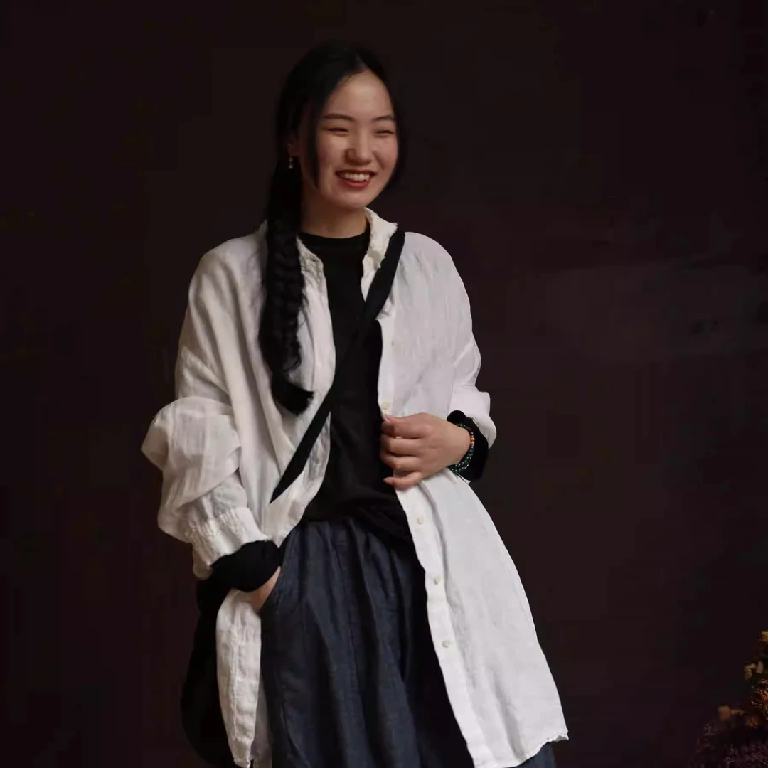 衣路走来原创设计高端显瘦亚麻白色女休闲文艺气质长衬衣 37434