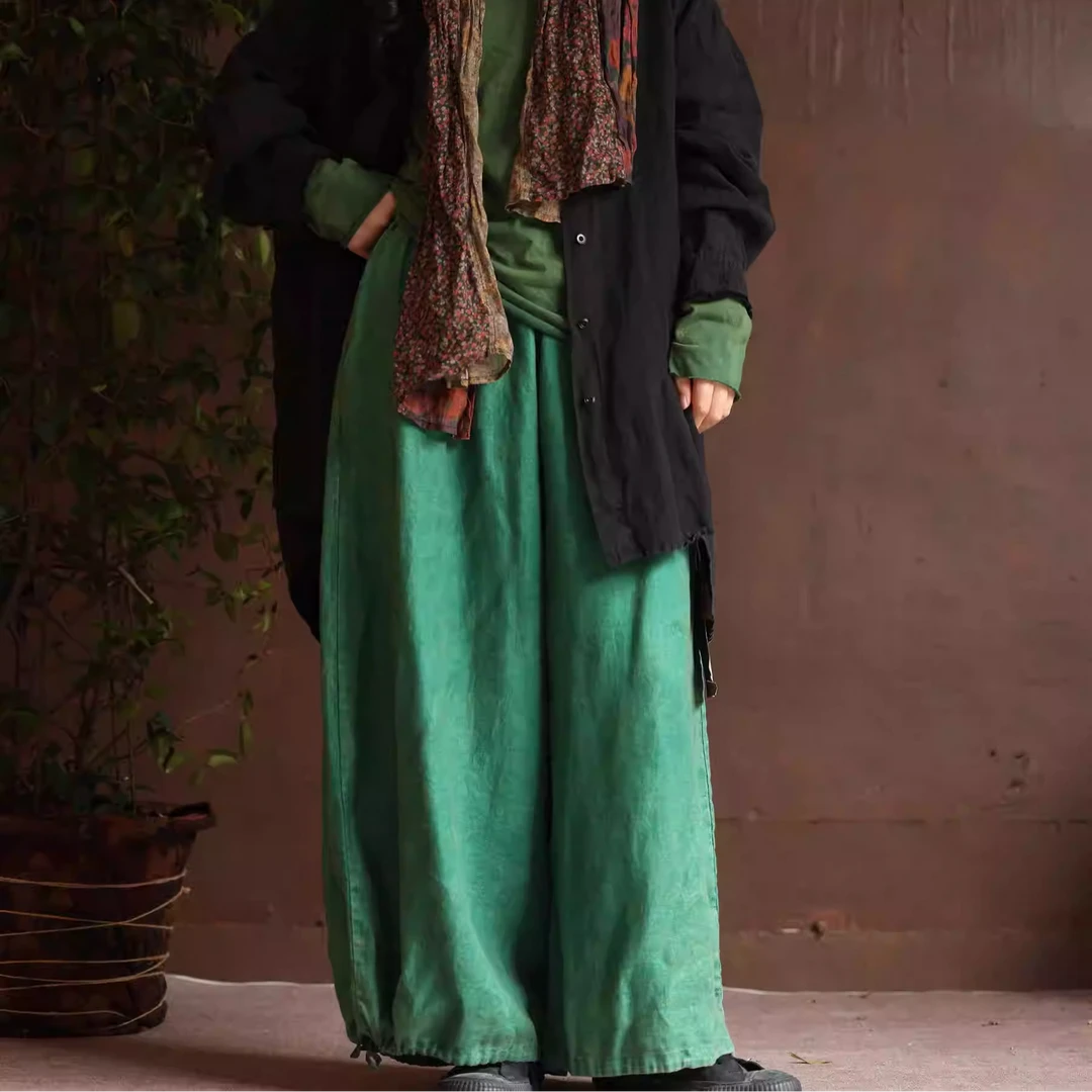 衣路走来原创设计纯色秋新款宽松阔腿裤亚麻宽松女裤 37717