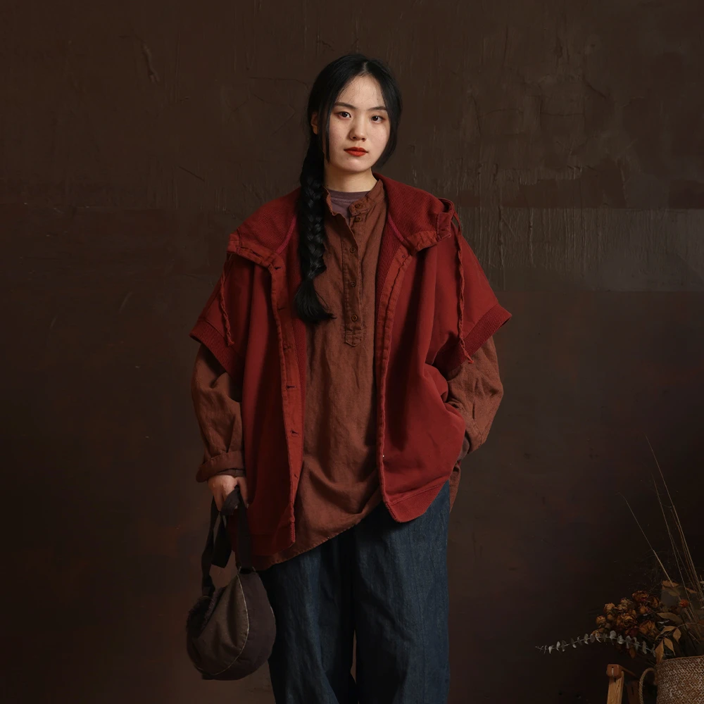衣路走来原创设计纯棉百搭连肩系扣连帽短袖上衣 37956