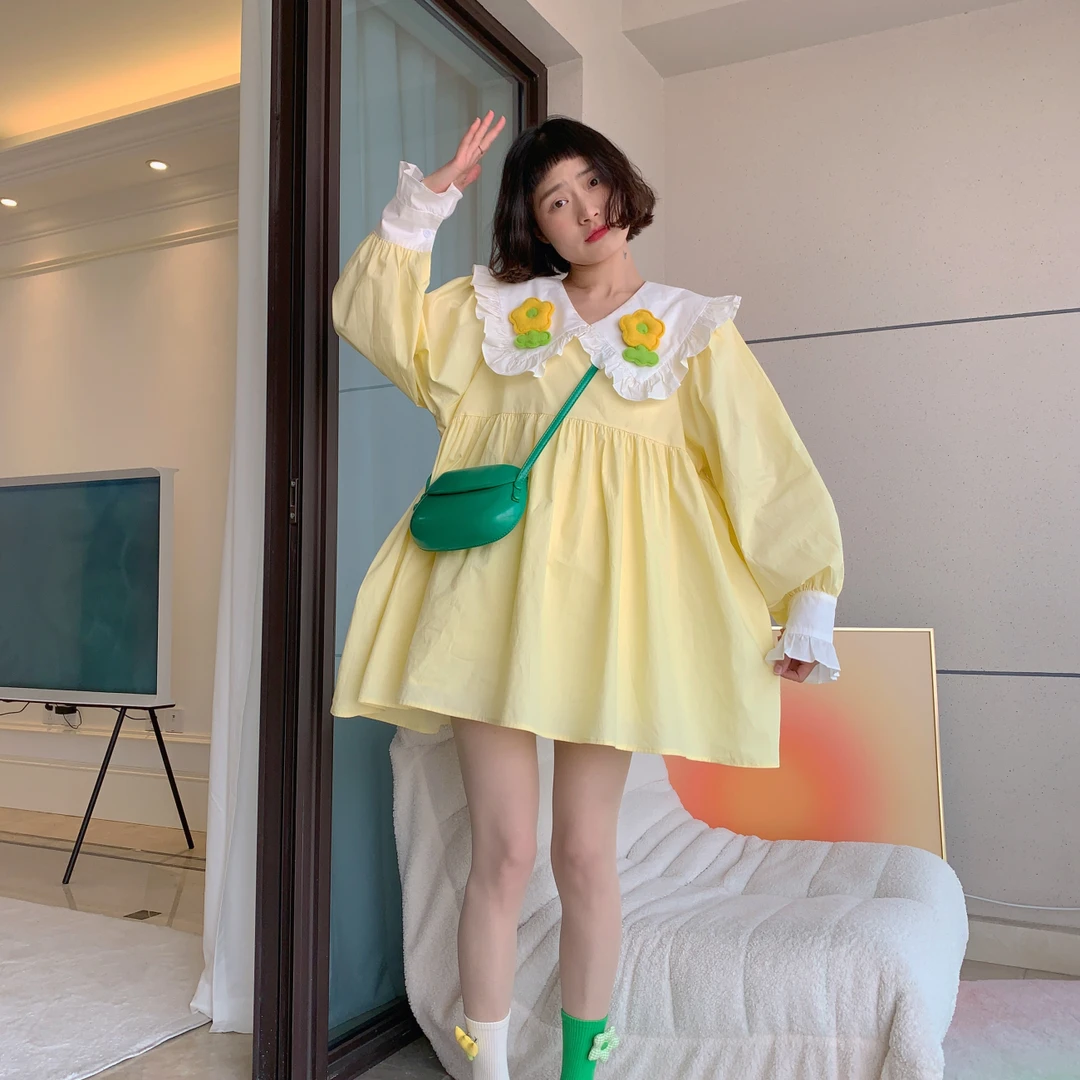 【春暖花开】黄色娃娃领立体花朵连衣裙