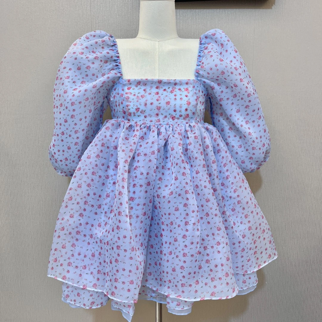 【蓝色碎花】双面穿公主连衣裙