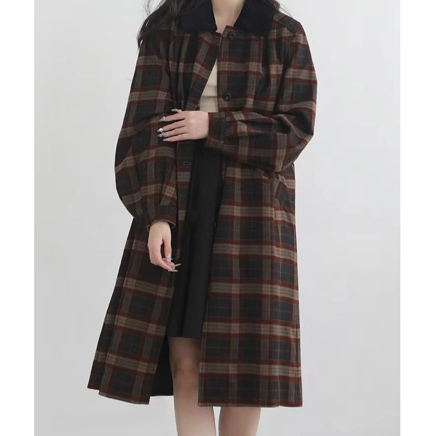 冰糖露露子2024秋英伦复古撞色格纹宽松Polo领时尚气质过膝大衣女