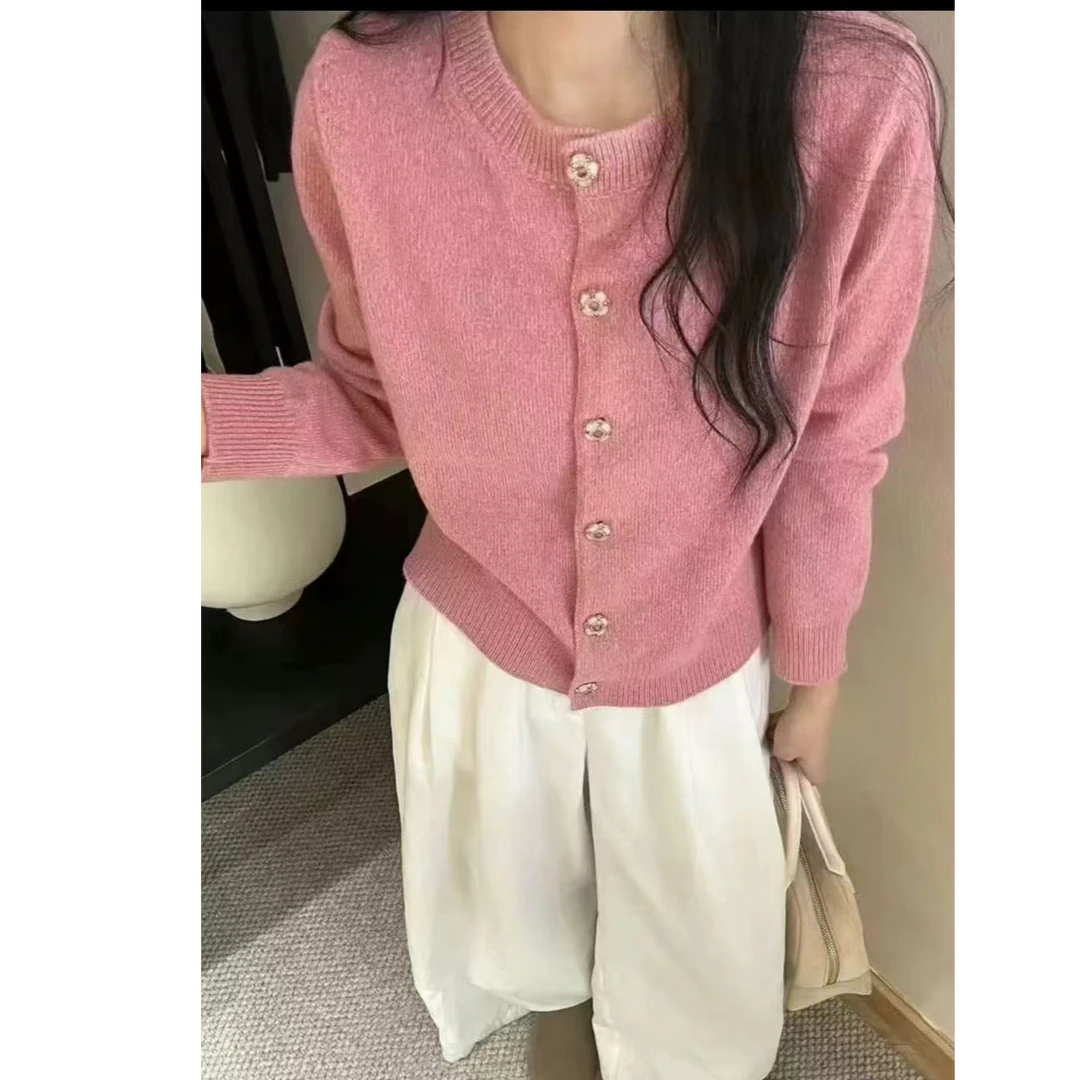 冰糖露露子2024秋冬新款小香风时尚宽松显瘦甜美彩钻扣开衫外套女