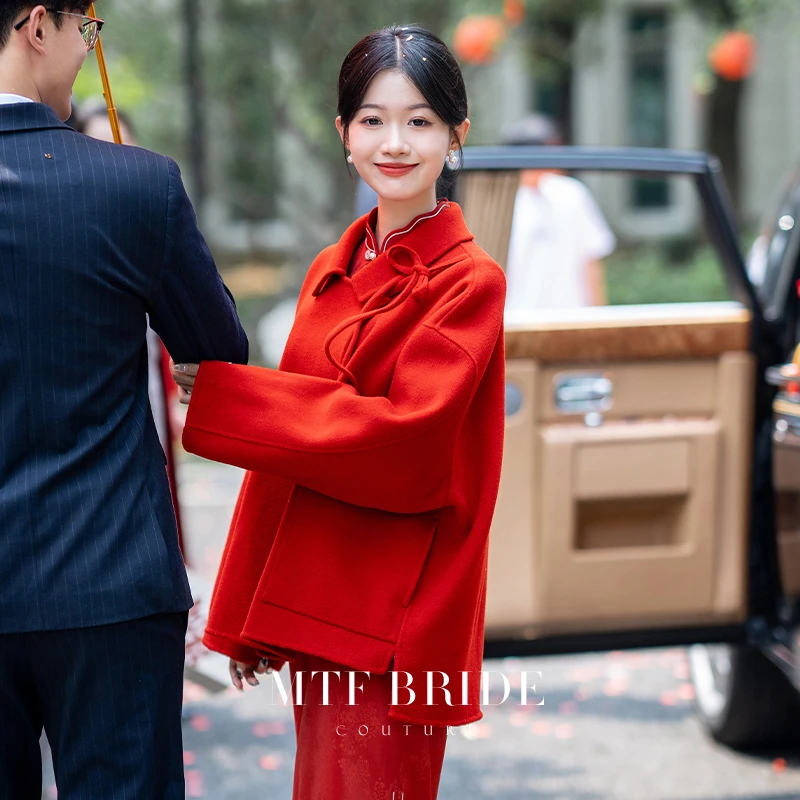 满庭芳红色羊毛大衣女款2024新款春秋小个子新娘结婚外搭毛呢外套