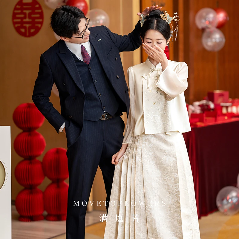 满庭芳|婉香 白色马面裙套装秋季夏季新款复古中式订婚服