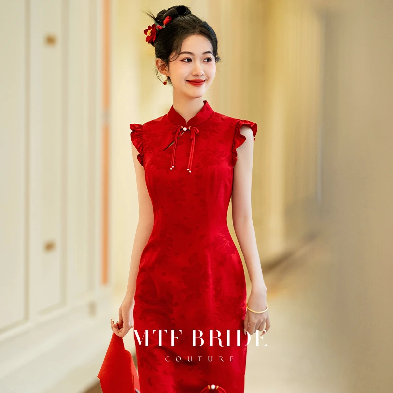 满庭芳【解意】新中式旗袍晨袍连衣裙改良新娘订婚红色新娘敬酒服