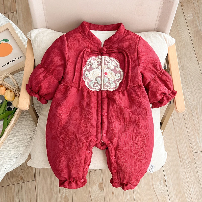 婴幼儿秋冬男女宝宝加棉加厚连体衣新中式国风满月百天周岁爬服