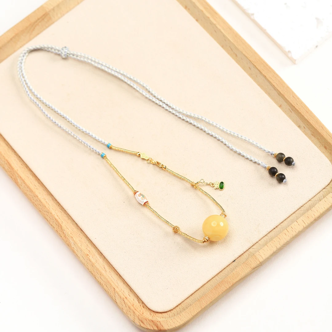 印度老山檀阴沉料虎皮0.6蜜蜡珐琅彩编绳项链￥【山木集】