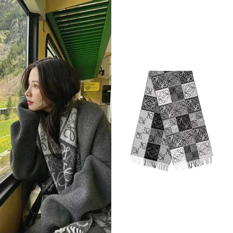 欧洲直邮Loewe罗意威男女通用羊毛羊绒Anagram提花棋盘格流苏围巾