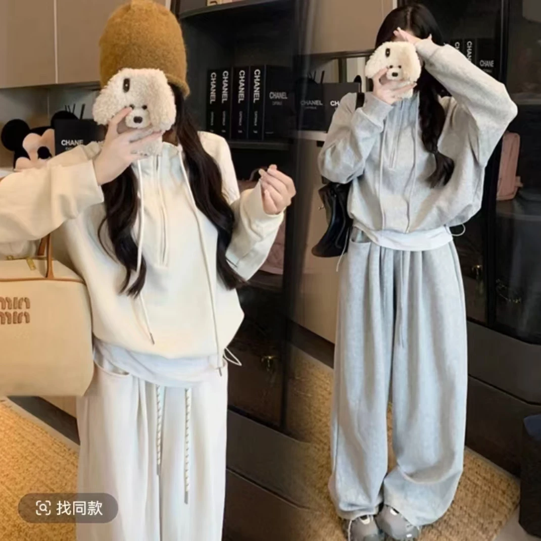 休闲运动风套装女秋季美式修身拉链连帽卫衣外套阔腿裤卫裤