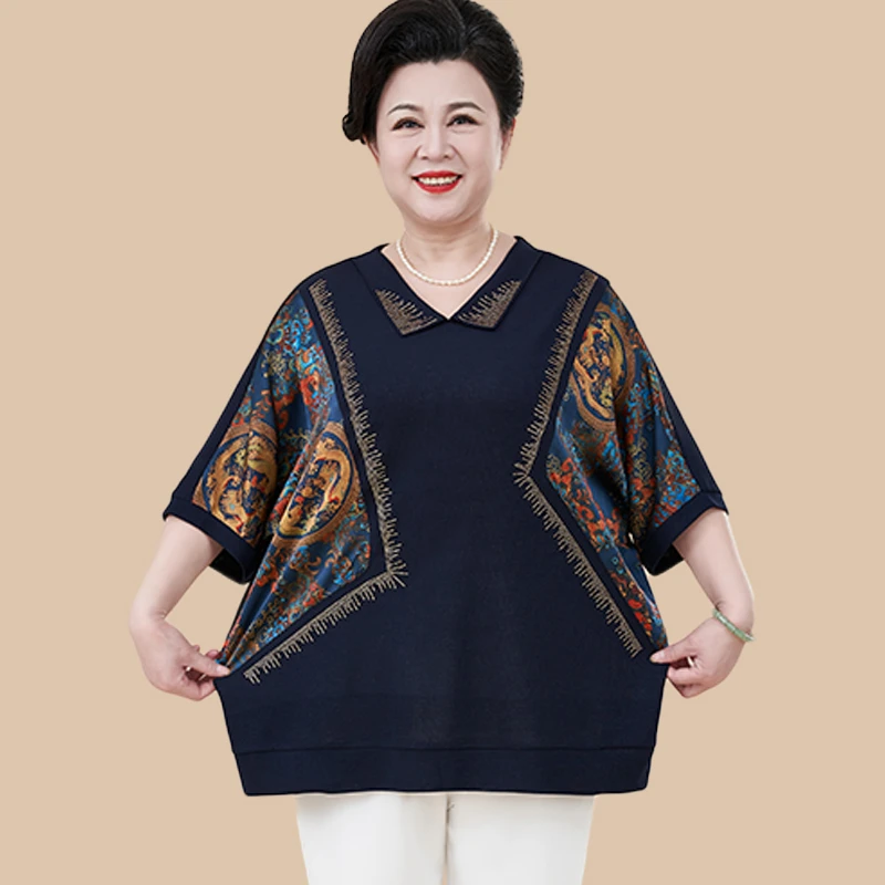 胖妈妈装夏季短袖T恤加肥加大码中老年女装气质小衫老太衣服宽松
