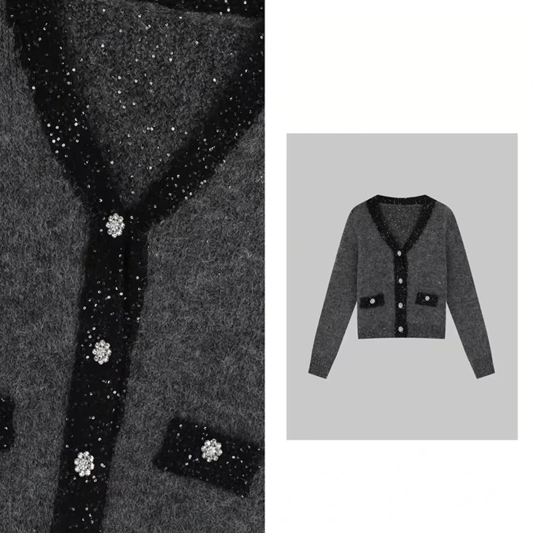 重工亮片一体织欧式撞色针织外套88114