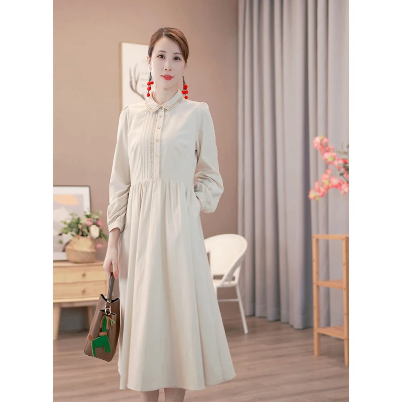 【慕然】女装长袖连衣裙2024秋新刺绣文艺气质显瘦衬衫领小众长裙