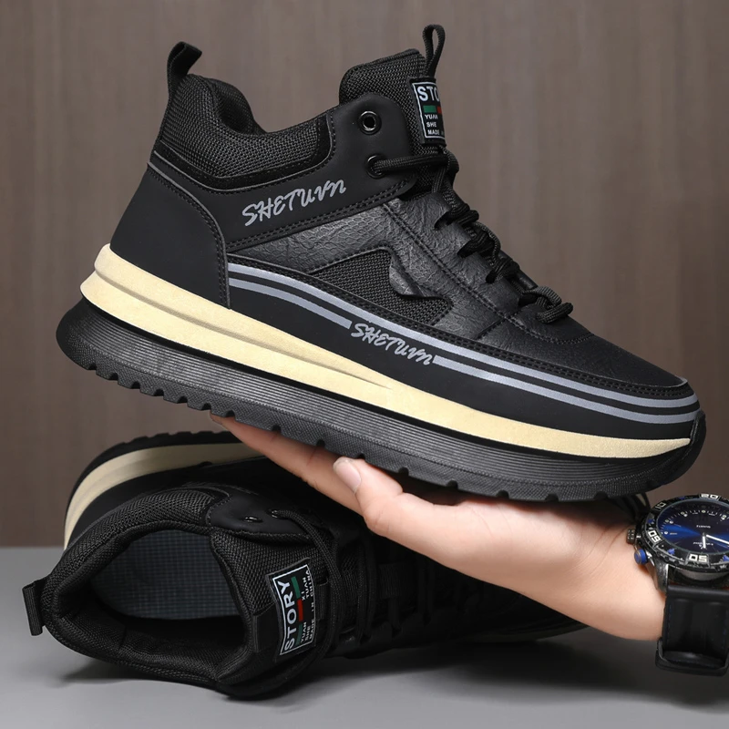 2025春夏新款皮网鞋透气百搭休闲鞋厚底登山鞋防滑男士时尚潮鞋