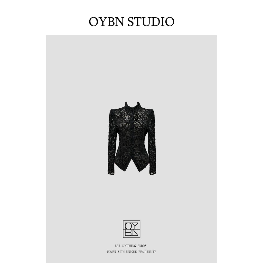 OYBN欧阳贝妮【如梦令】微胖大码羽毛纱蕾丝荷叶边立领开衫上衣1438