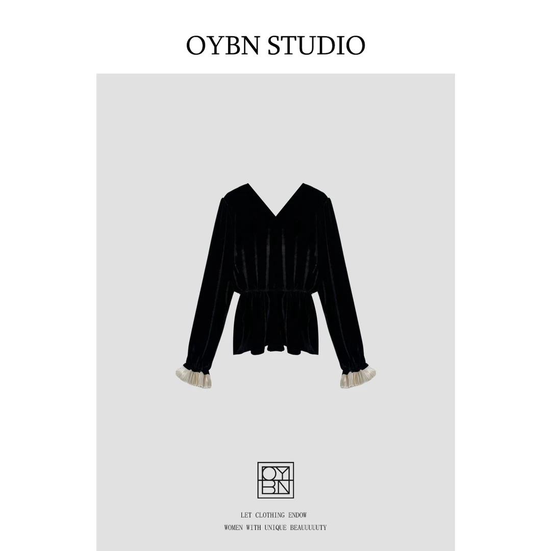 OYBN欧阳贝妮【南烛】微胖大码金丝绒收腰拼接喇叭袖衬衫上衣1226