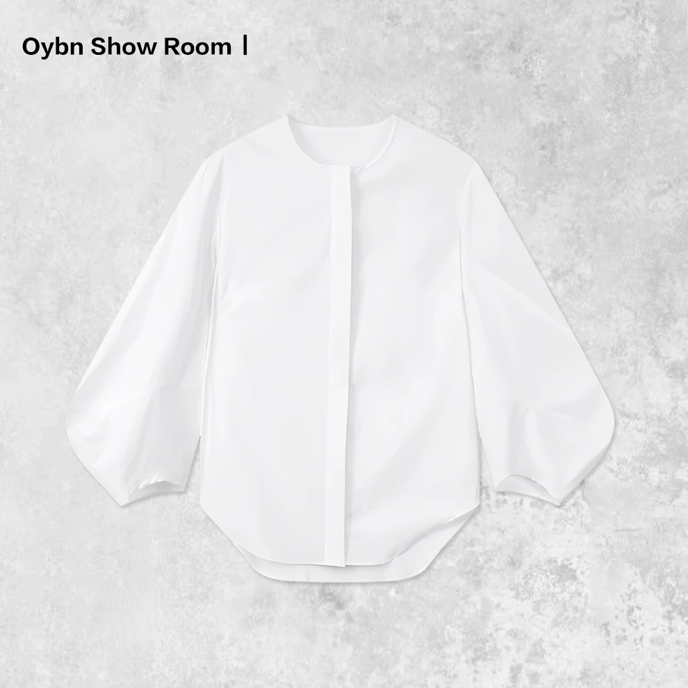 OYBN【白色秋天】隐藏式纽扣简约白色九分袖衬衫女秋季圆领宽松上衣