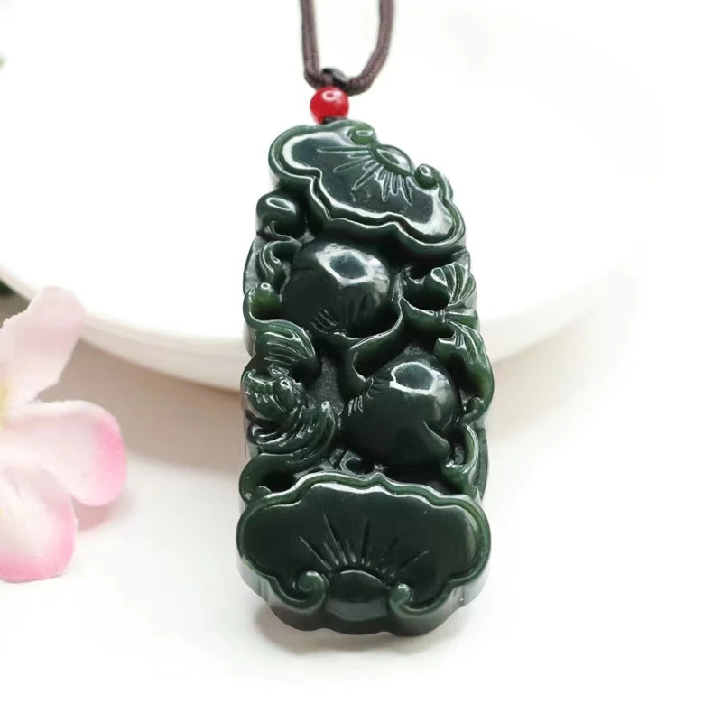 【三代享福】天然和田玉塔青老料手工雕刻双桃如意蝙蝠男女吊坠