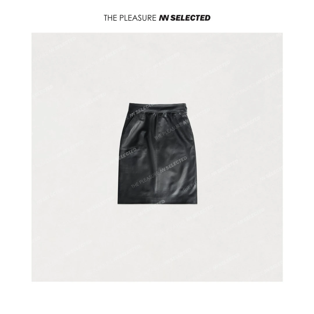 NiannNiann 高级女装及膝开叉进口西班牙小绵羊皮短裙 13892