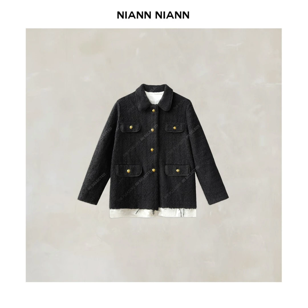 NiannNiann小众设计高定黑色名媛小香风缪斯金扣外套13120