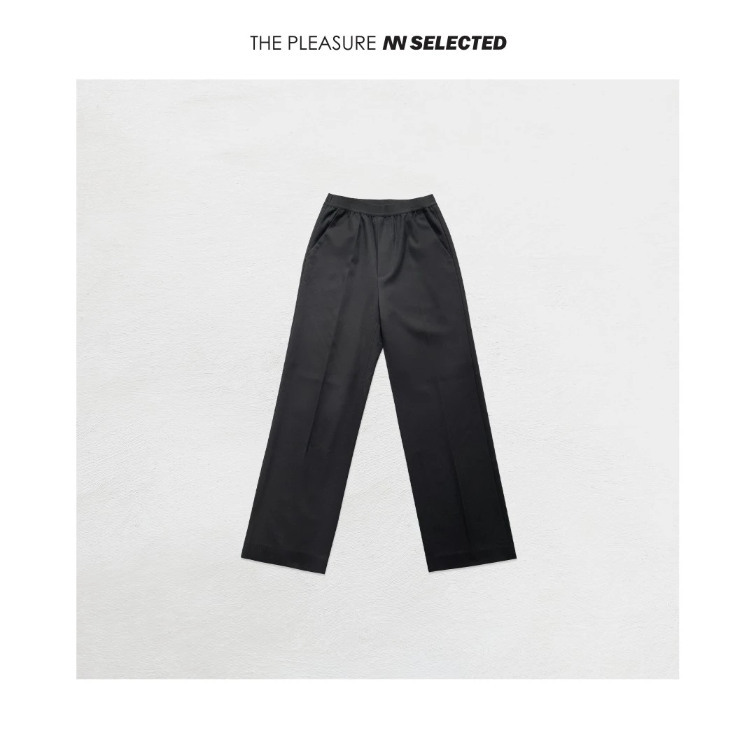 NiannNiann 欧美黑色大直筒剪裁垂感直筒松紧西裤13405