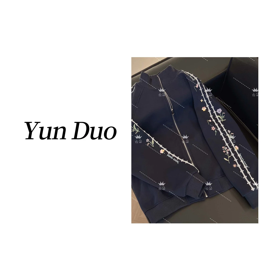 云朵定制 加绒蕾丝拼接小花刺绣拉链卫衣外套IC48