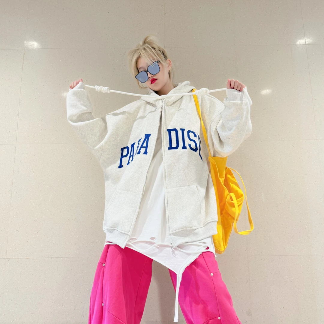 秋冬大版休闲慵懒风oversize外套大码宽松加绒刺绣开衫连帽卫衣女