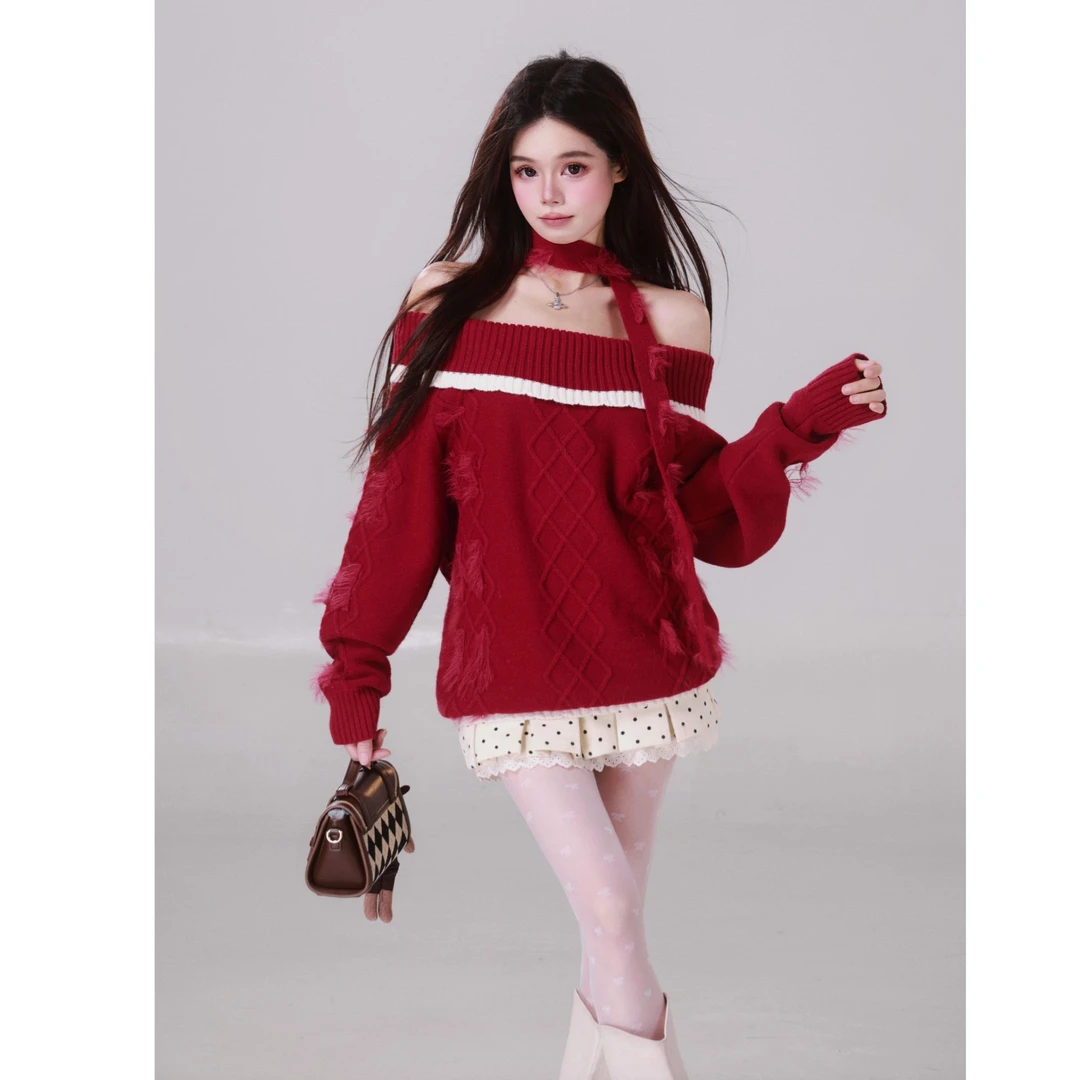 青青-WAHJU【霜叶红玫】冬日氛围感红色毛织上衣波点呢子半裙9048W