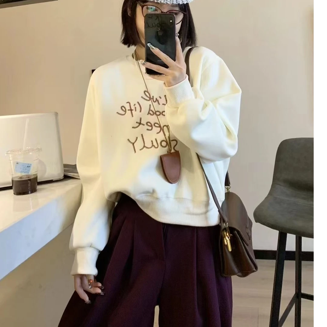 韩版宽松刺绣字母圆领加绒卫衣