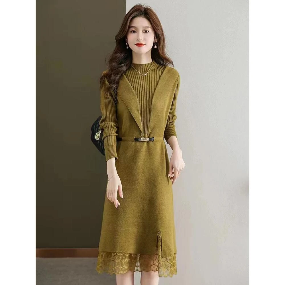 【双十二大促】新款名媛秋冬装拼接毛衣A字裙中年女士连衣裙2025冬