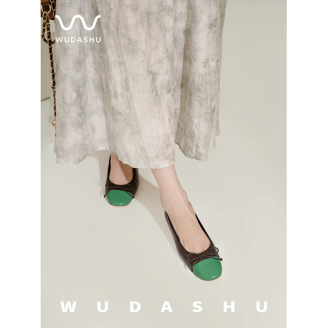 吴大叔新款拼色百搭时尚软底舒适气质感十足小众平底芭蕾风单鞋