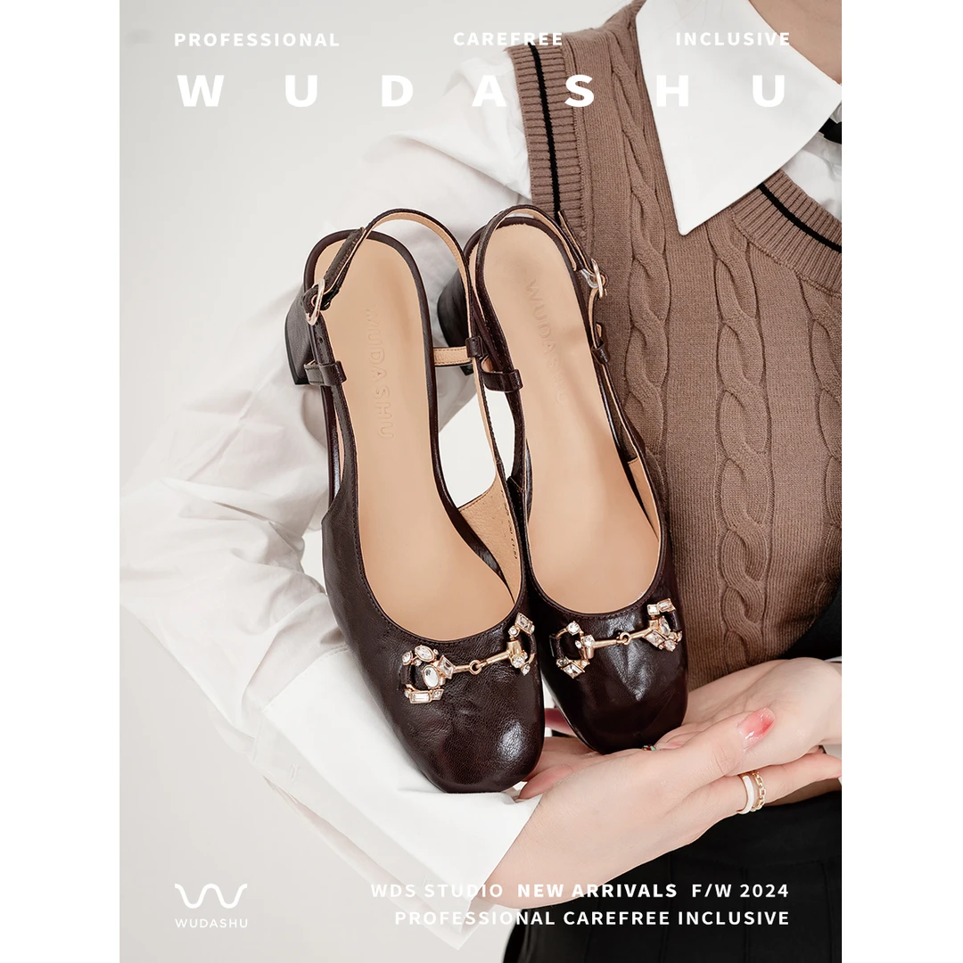 吴大叔24夏季玛丽珍时尚百搭粗跟方头浅口后空凉鞋气质5厘米高跟