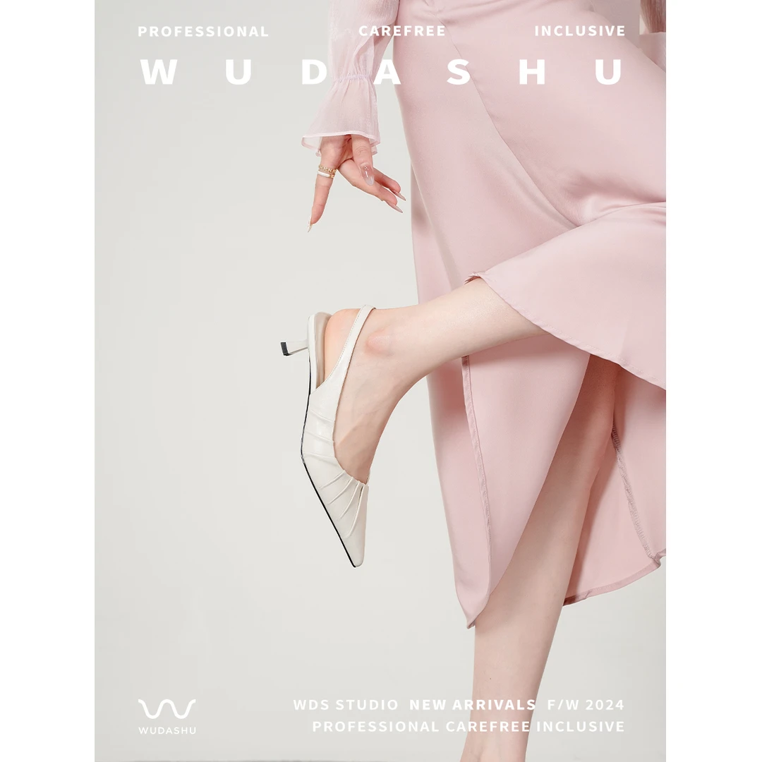 穿高跟鞋的吴大叔夏法式羊皮猫跟褶皱尖头后空凉鞋气质名媛配裙子