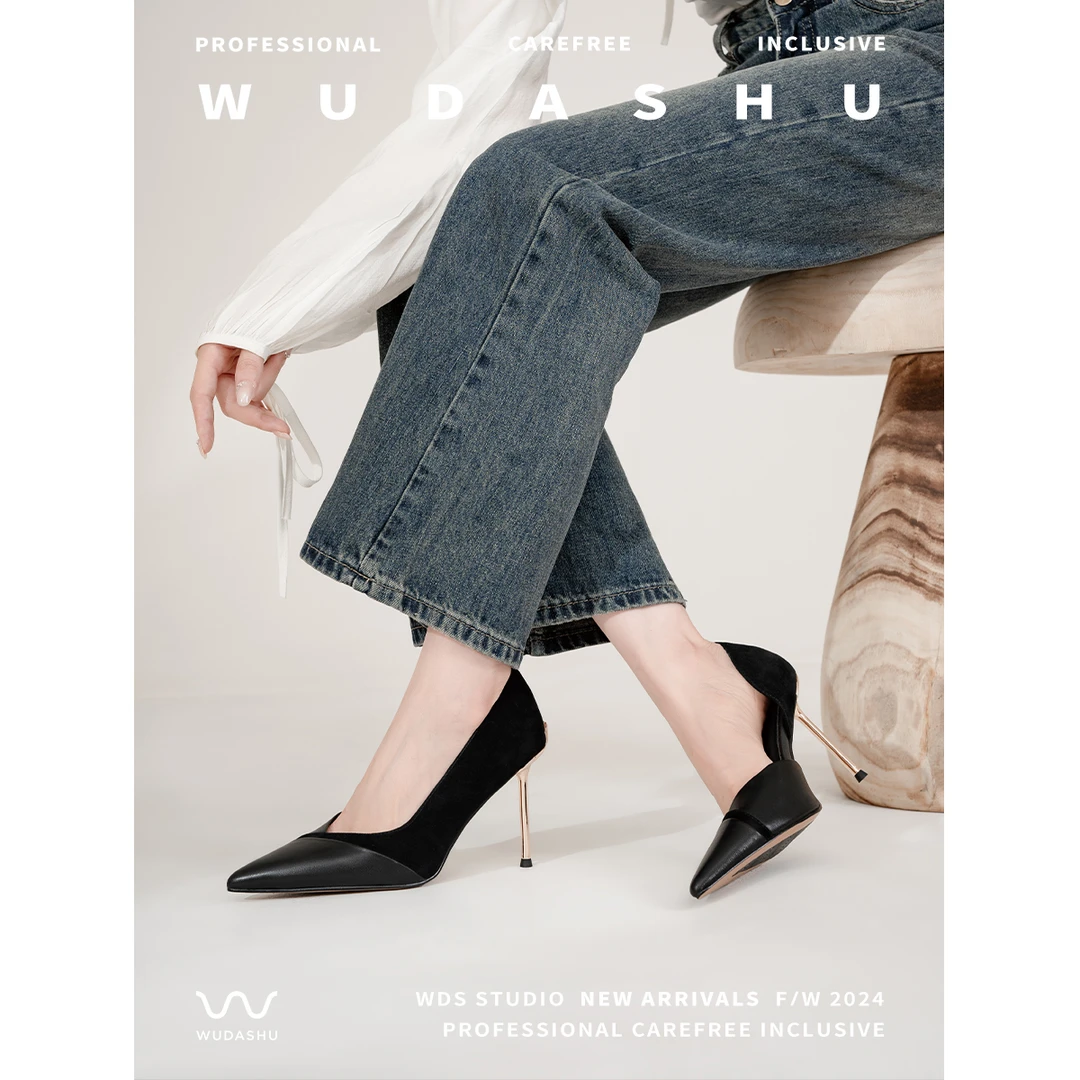 吴大叔夏季新款舒适高级气质拼接中空时尚尖头浅口高跟鞋女13-538