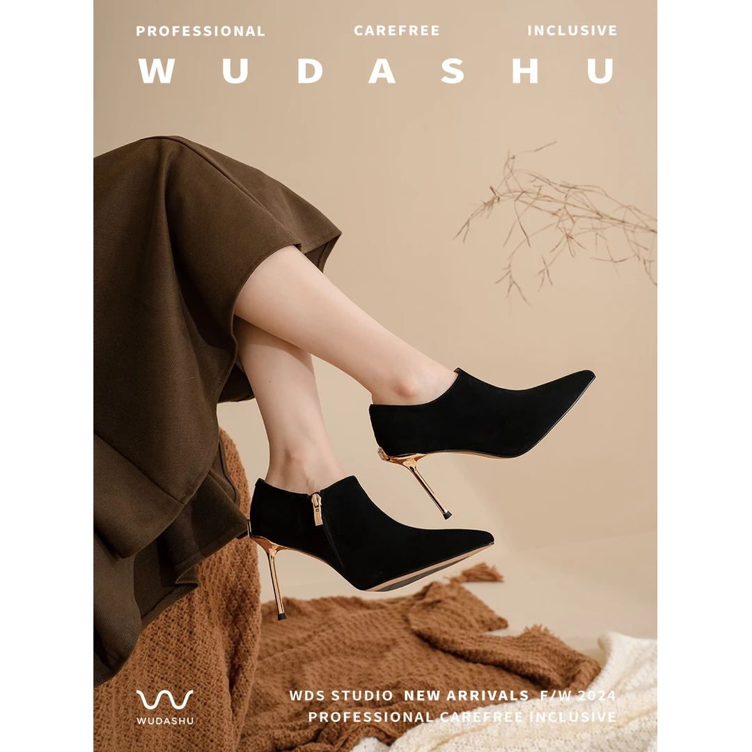 吴大叔秋季新款气质高级尖头细跟百搭经典及裸靴时尚法式靴13-567