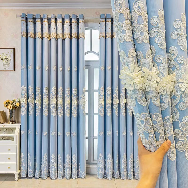 简欧双层窗帘成品全遮光卧室大气豪华客厅浮雕绣花纱布一体窗帘布