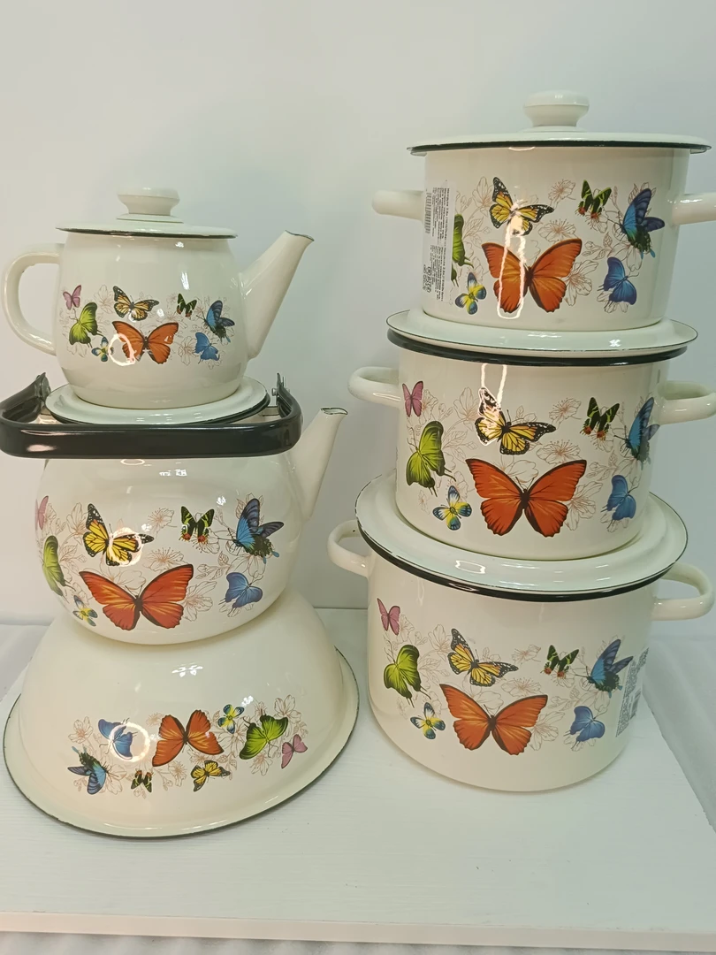 俄罗斯原装进口搪瓷六件套茶具带盖粉色家用盒装结婚礼盒装大容量