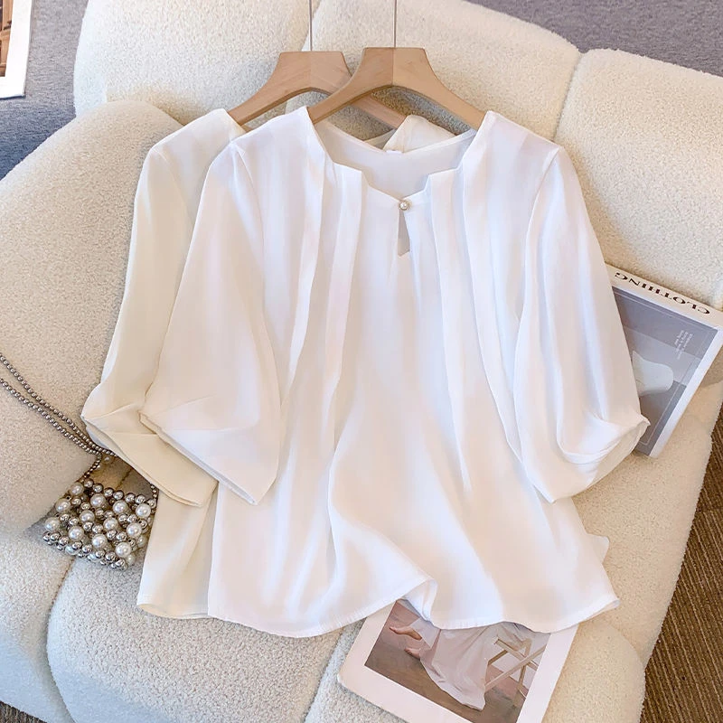 韩版时尚通勤压褶设计感显瘦上衣秋夏新款洋气宽松遮肉五分袖衬衣