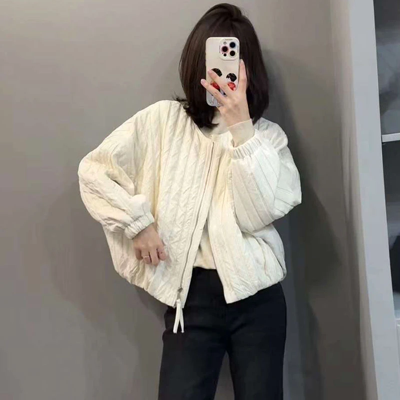 5071#春秋新款简约休闲风小众设计感圆领棉衣时尚小个子百搭外套