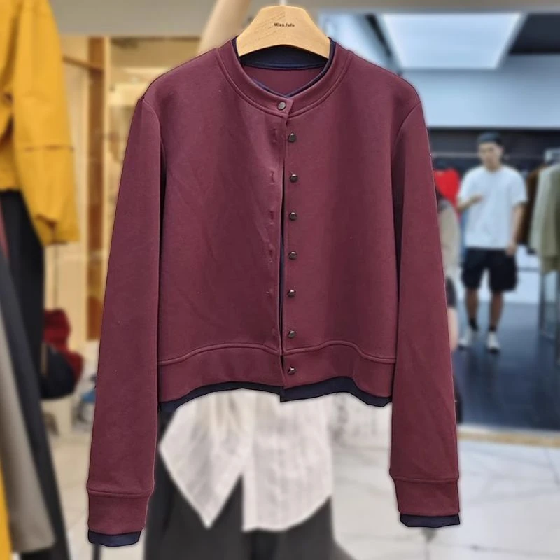 大码女装时尚圆领拼接撞色针织衫秋冬新款洋气宽松遮肉单排扣上衣