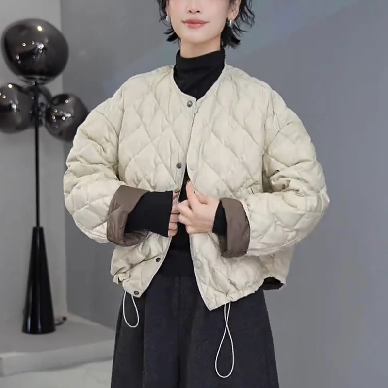 冬季时尚菱格撞色减龄圆领保暖棉衣外套洋气遮肉抽绳显瘦夹克开衫