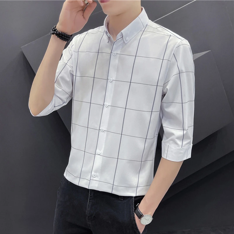 夏季男士格子痞帅轻商务日常时尚休闲百搭薄款帅气中袖翻领衬衫男