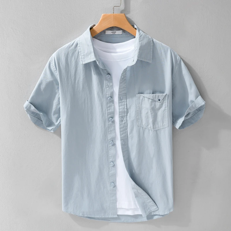 男士夏季高品质纯棉纯色极简休闲薄款百搭短袖衬衫