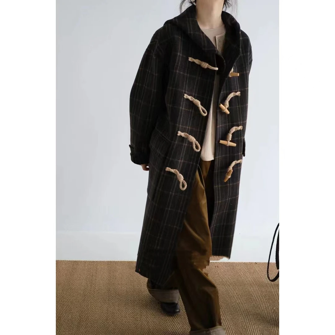 牛角扣藏蓝色格纹大衣中长款冬2024新款韩系宽松加厚连帽格子